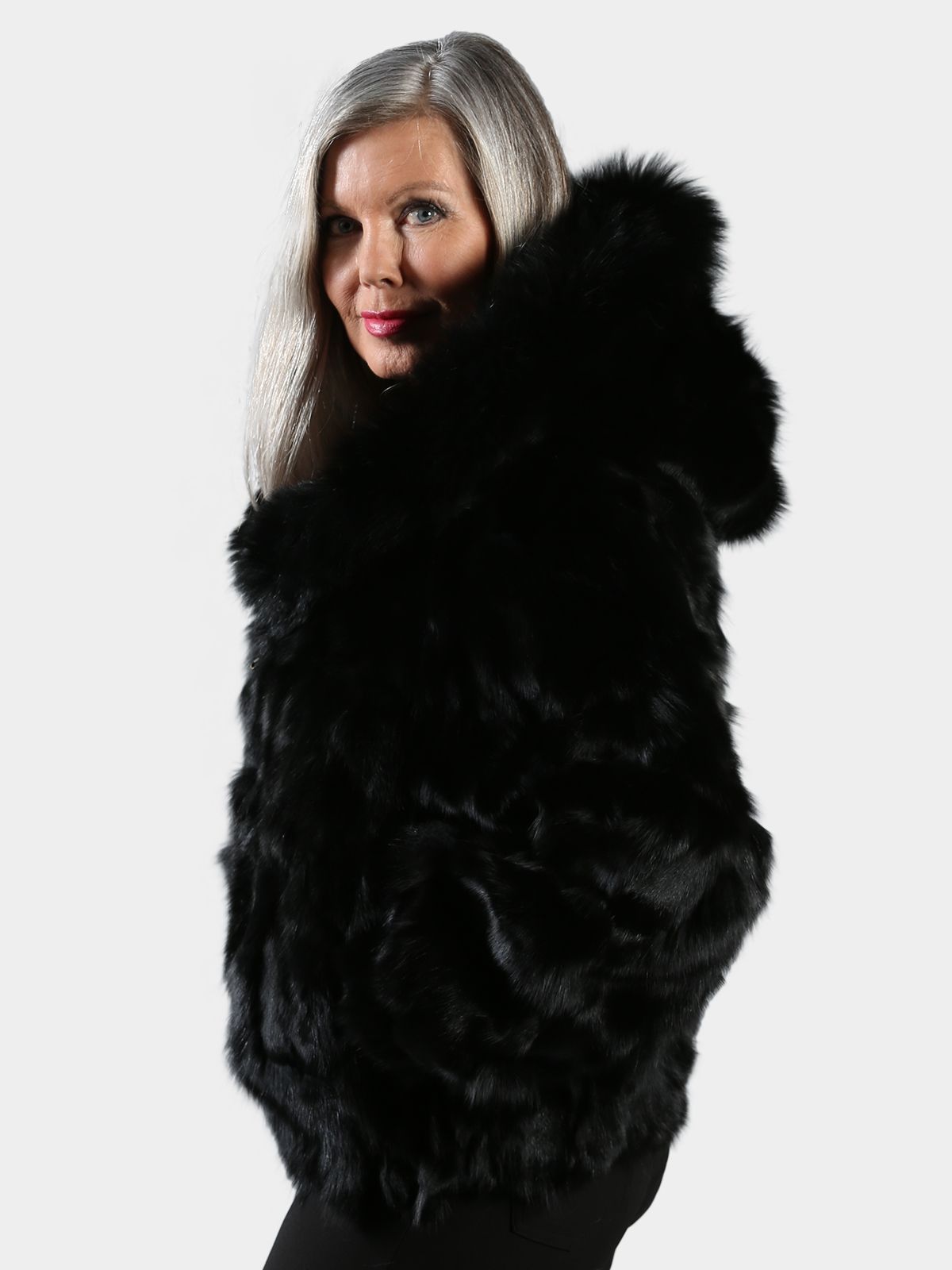 Woman's Black Fox Fur Section Bomber Jacket with Hood