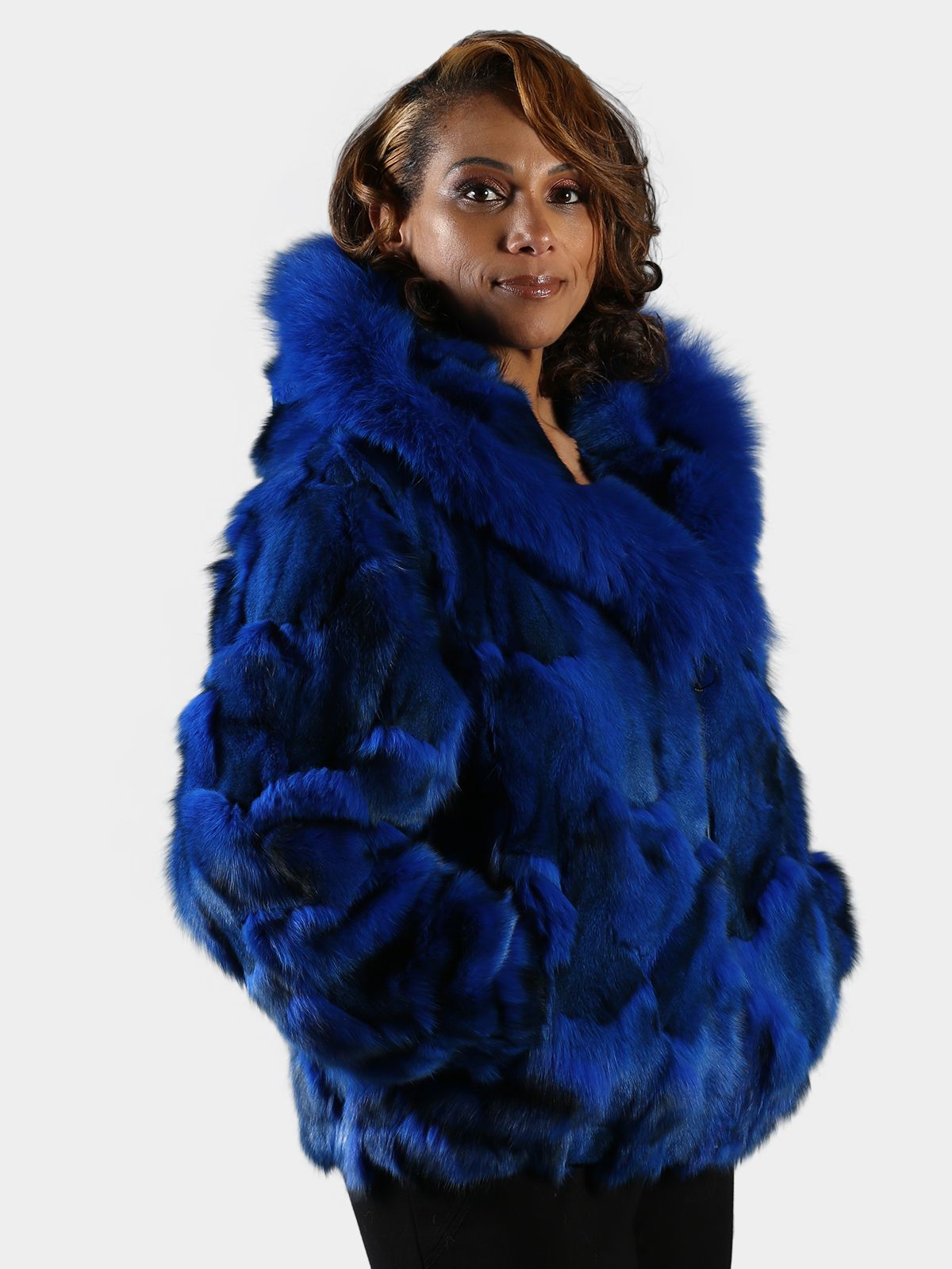 Woman's Royal Blue Fox Fur Section Bomber Jacket with Hood