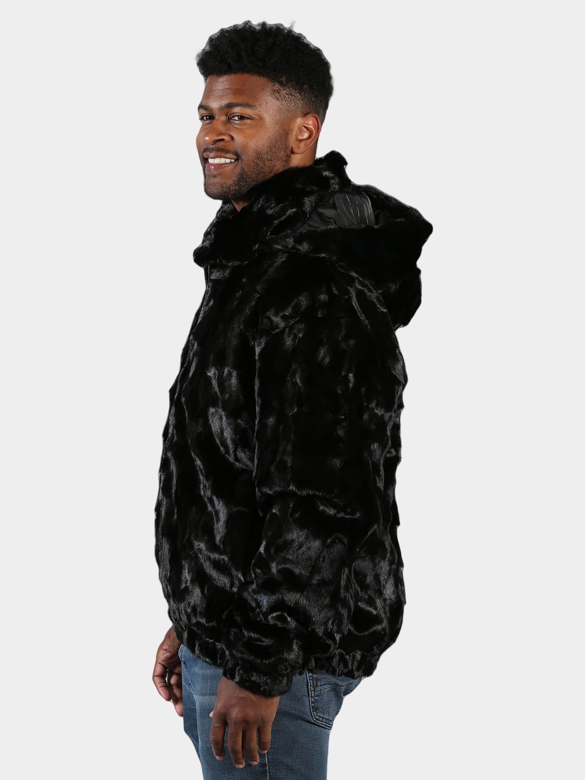 Man's Black Section Mink Fur Jacket with Detachable Hood