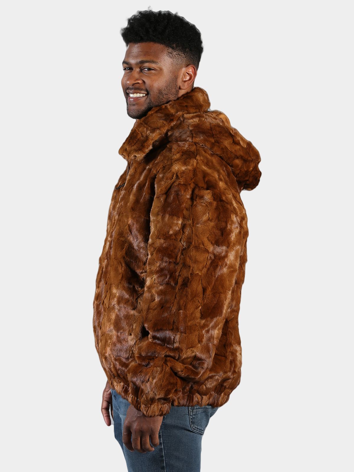 Man's Whiskey Section Mink Fur Jacket with Detachable Hood