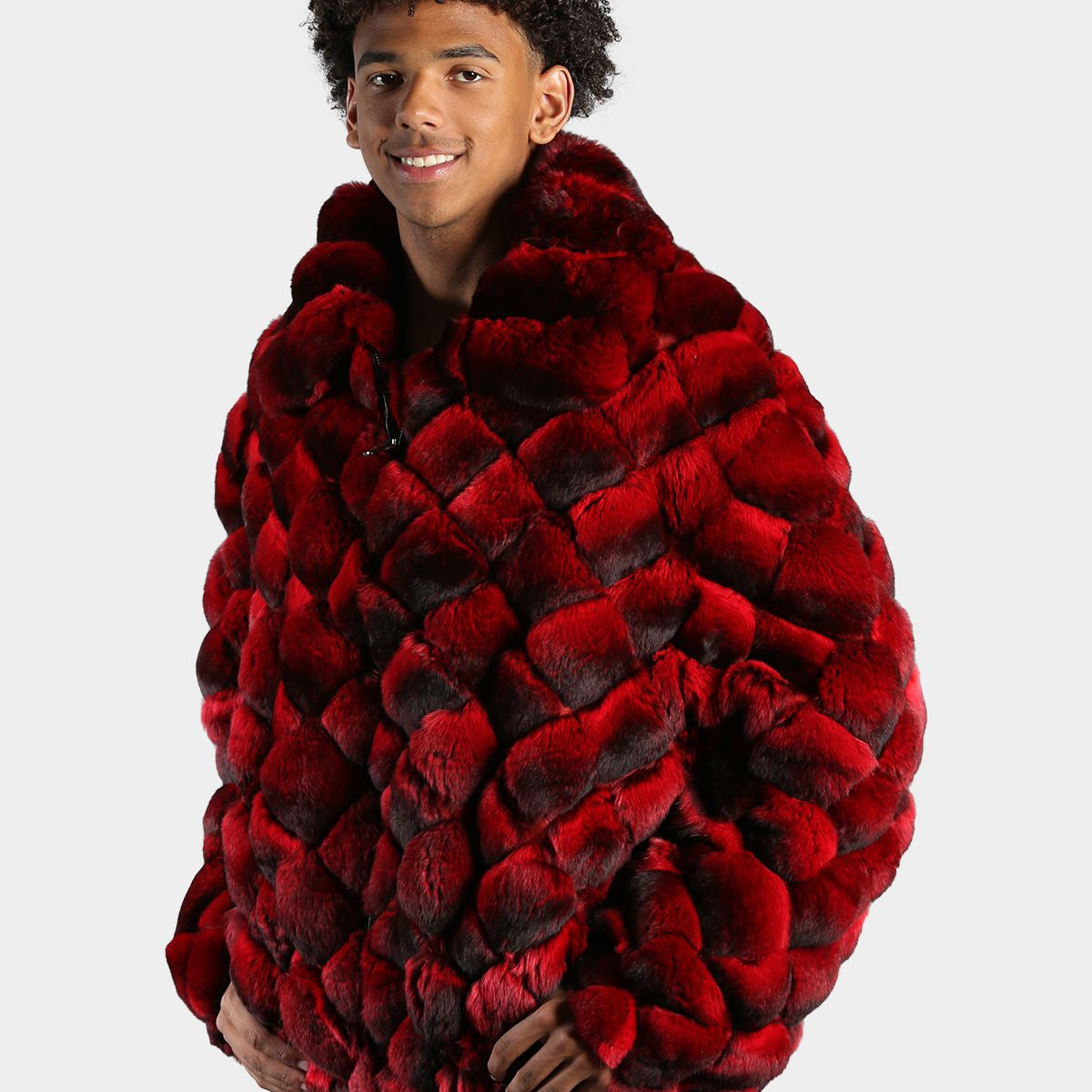 Man's Red Dyed Chinchilla Square Sections Fur Jacket