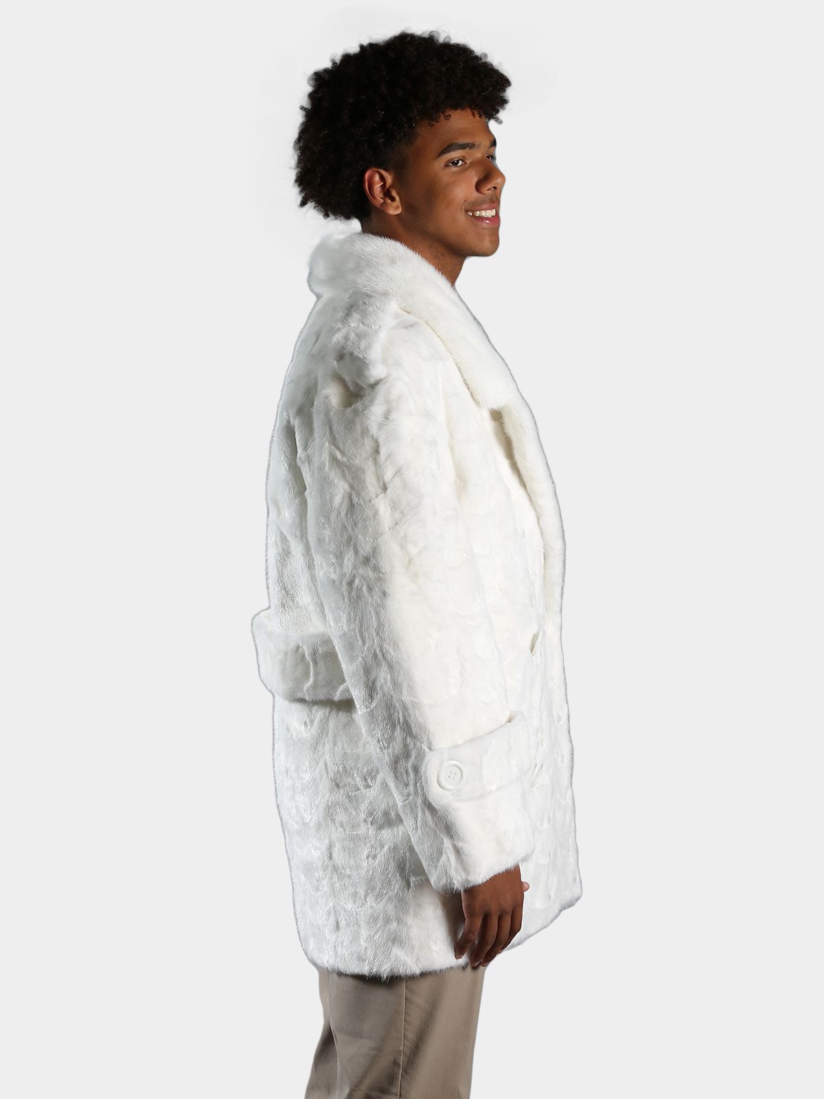 Man's White Sections Mink Fur Pea Coat