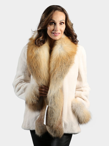 Woman's Ivory Sheared Mink Fur Jacket with Golden Isle Fox