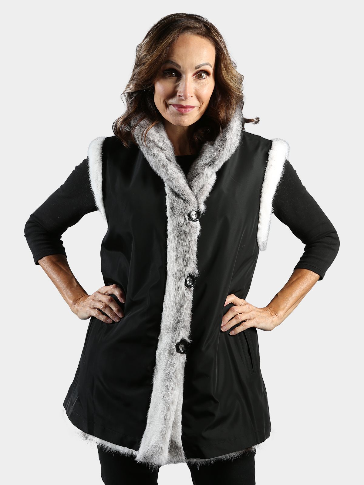 Woman's Black Cross Mink Fur Vest Reversible to Rain Taffetav