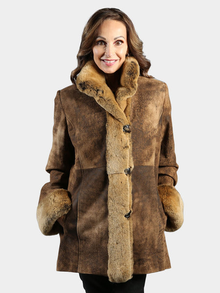 Woman's Camel Nappa Lamb Leather Jacket with Matching Rex Rabbit Cuffs