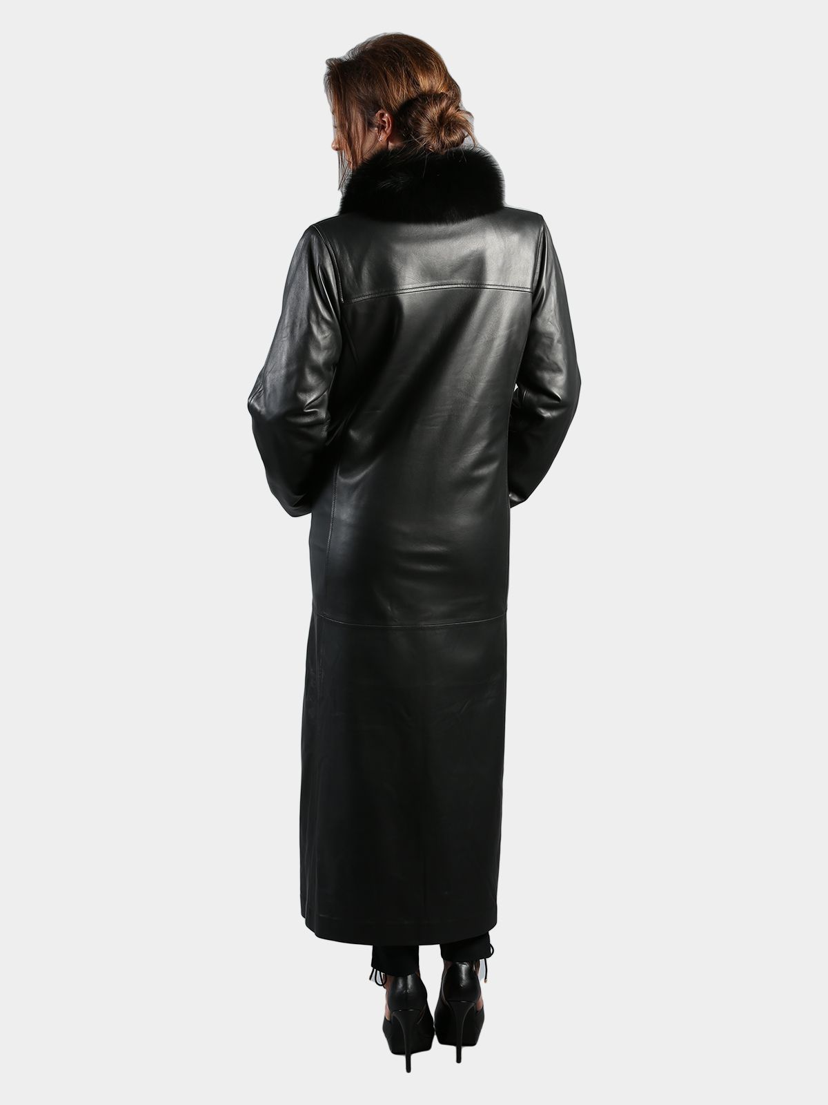 Woman's Black Nappa Leather Coat with Black Fox Tuxedo Front Reversible to Rain Taffeta