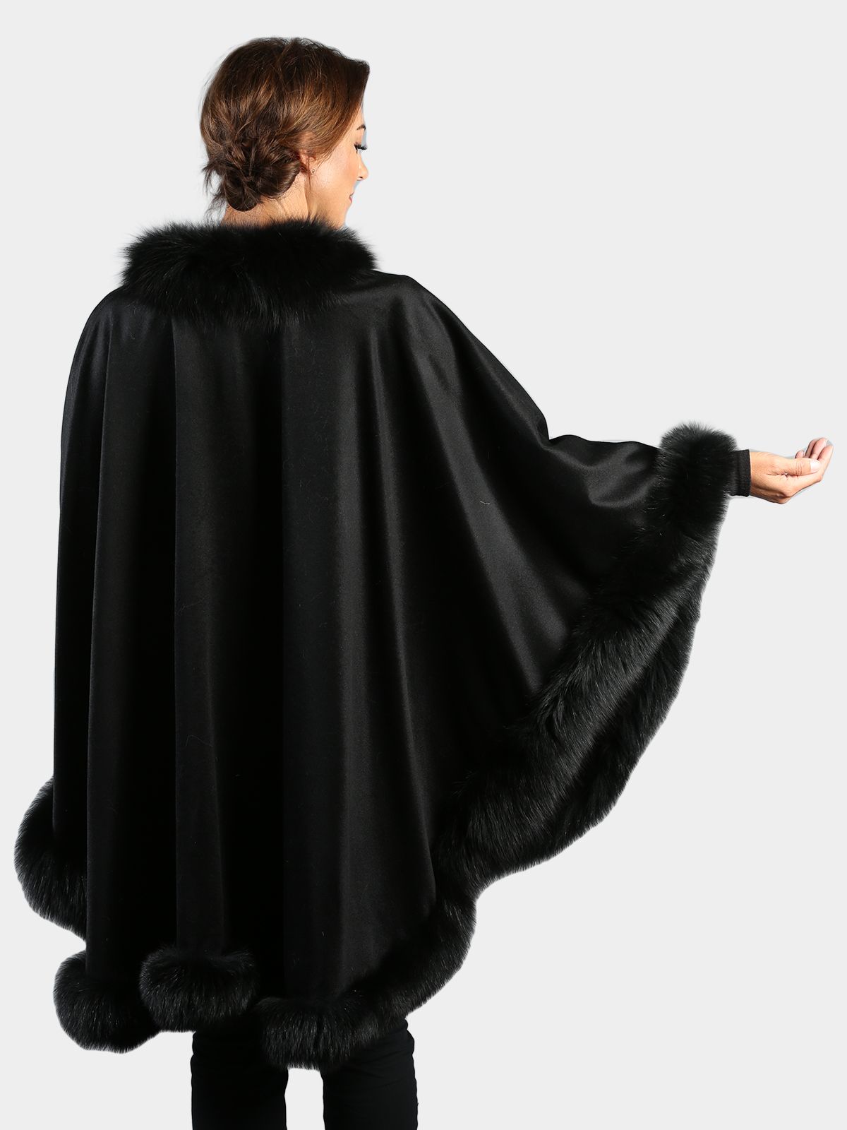 Woman's Black Cashmere Wool Cape with Matching Fox Trim