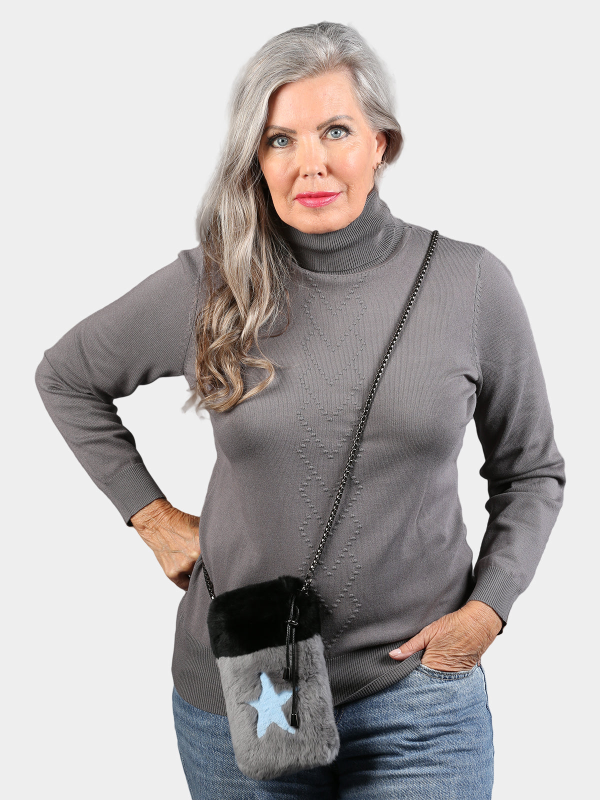 Women's Dyed Black & Gray Rex Rabbit Fur Cross Body Bag