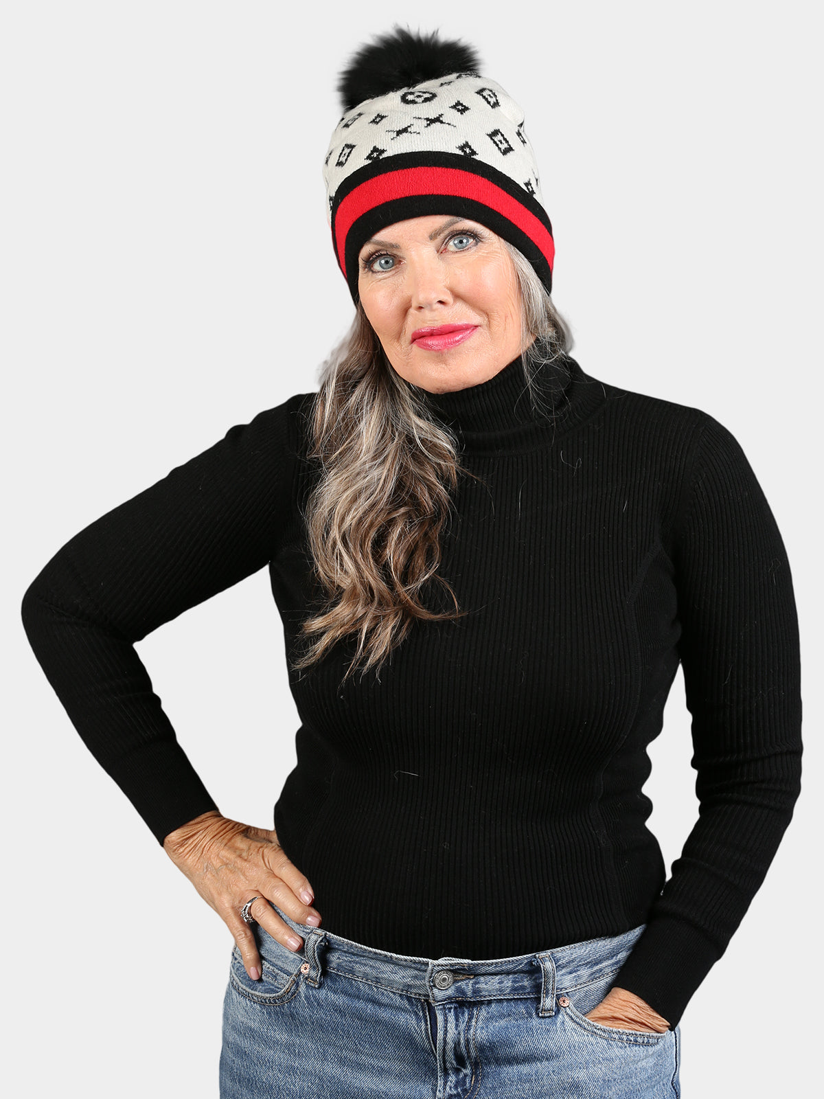 Women's Black & White Knit Hat with Black Fox Fur Pom Poms