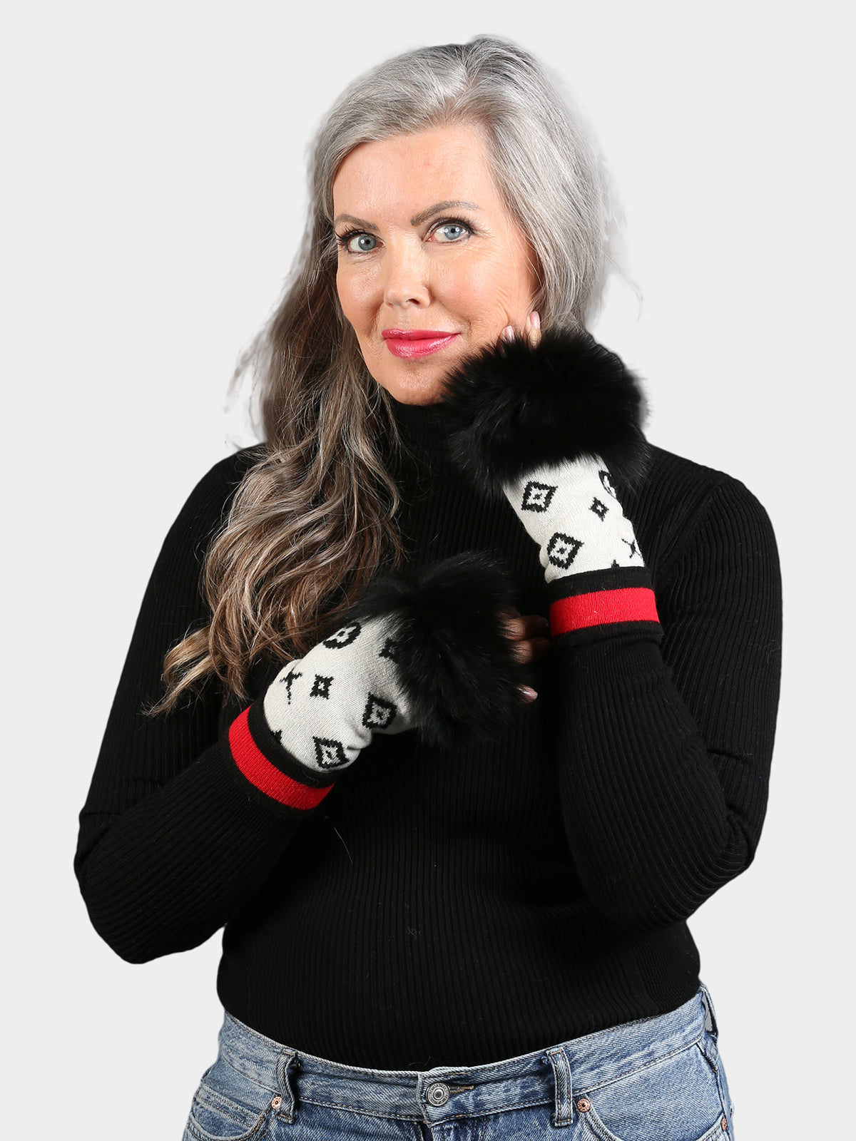 Women's Black & White Knit Gloves with Black Fox Fur Trim