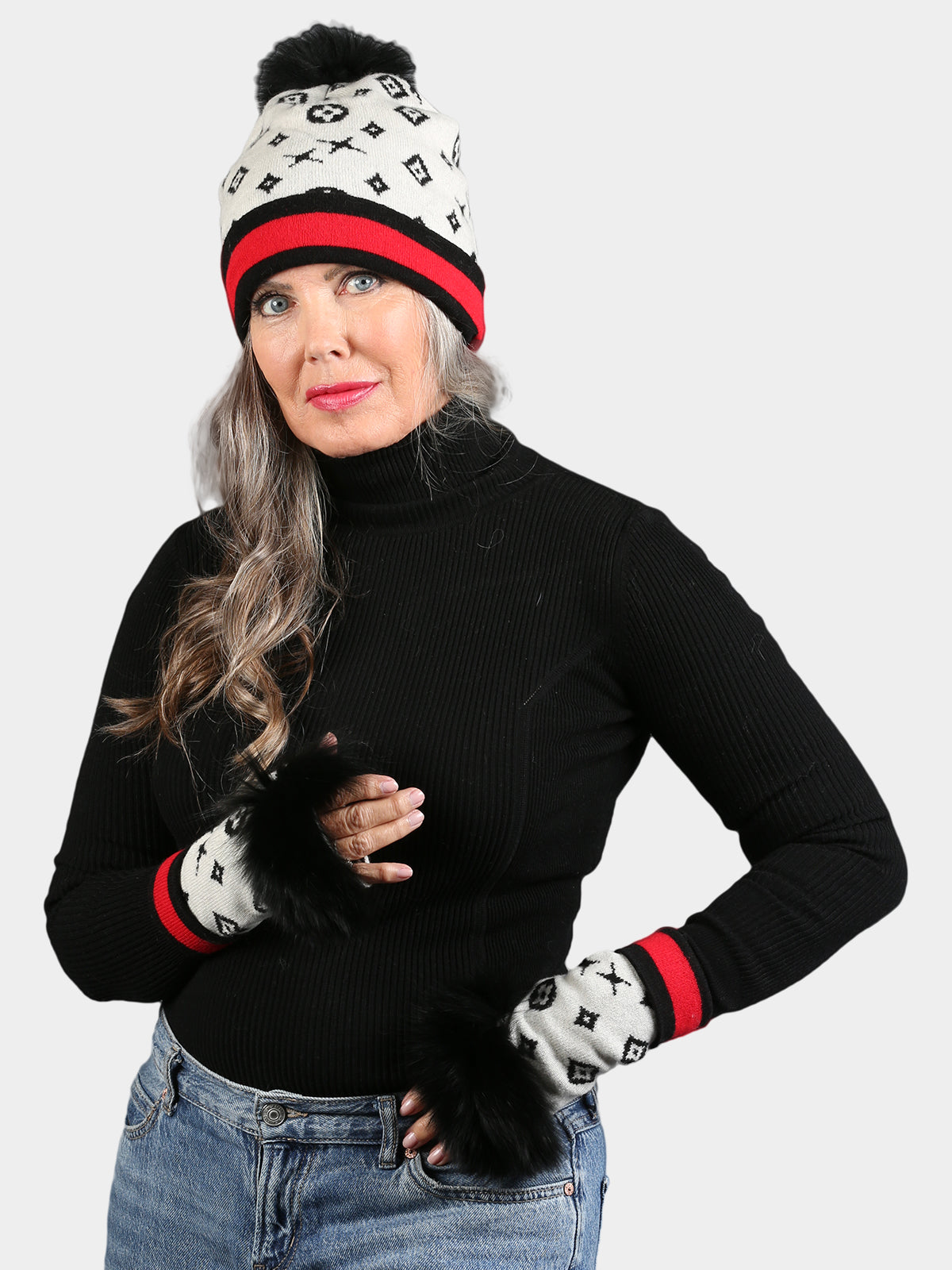 Women's Black & White Knit Gloves with Black Fox Fur Trim