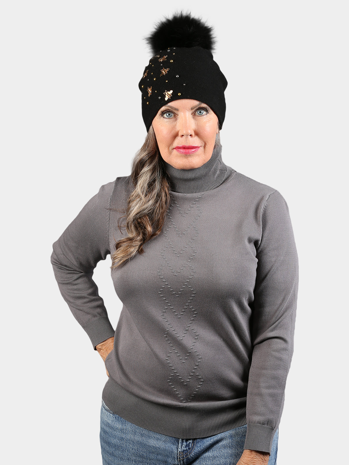 Women's Black Knit Hat with Black Fox Fur Pom Poms
