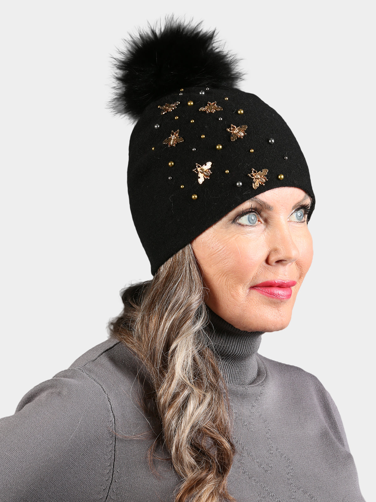 Women's Black Knit Hat with Black Fox Fur Pom Poms