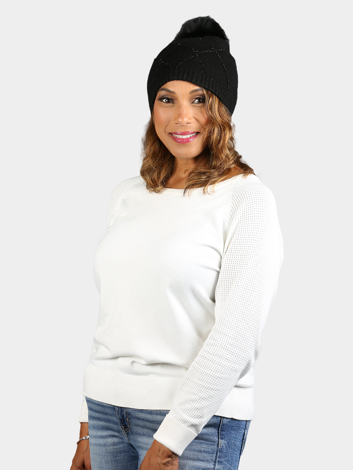 Women's Black Knit Hat with Black Fox Fur Pom Poms