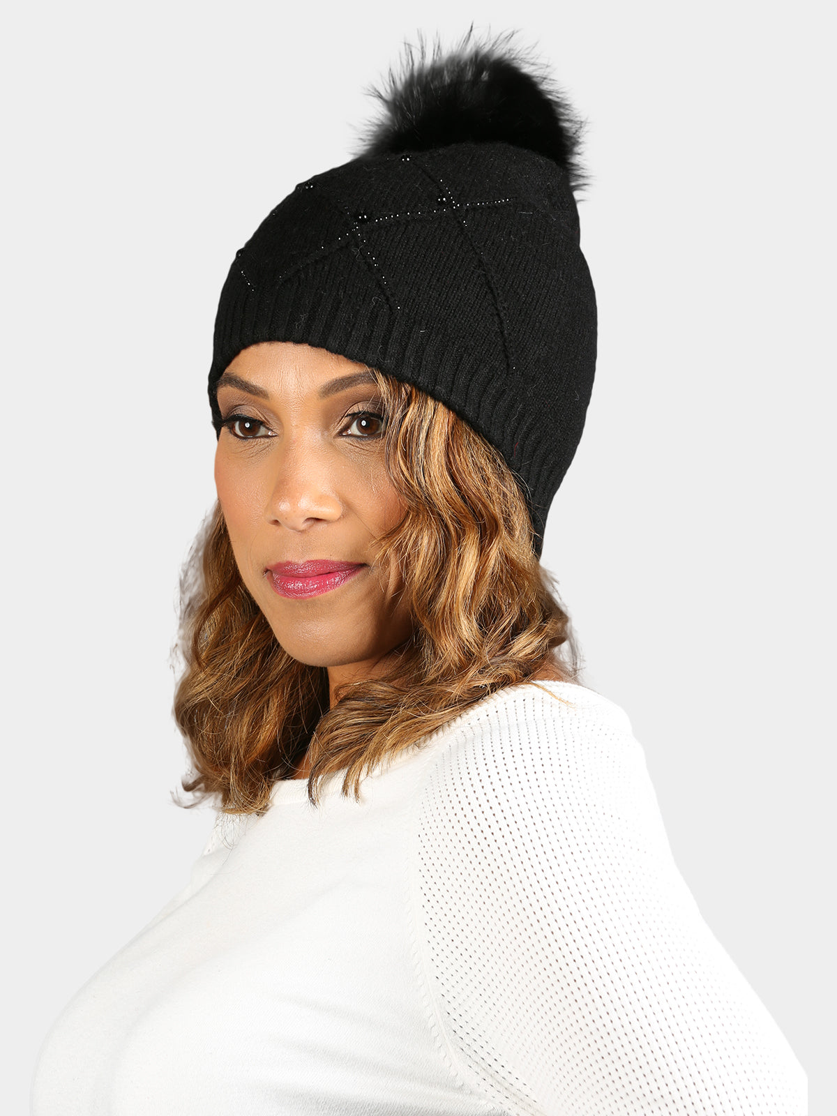 Women's Black Knit Hat with Black Fox Fur Pom Poms
