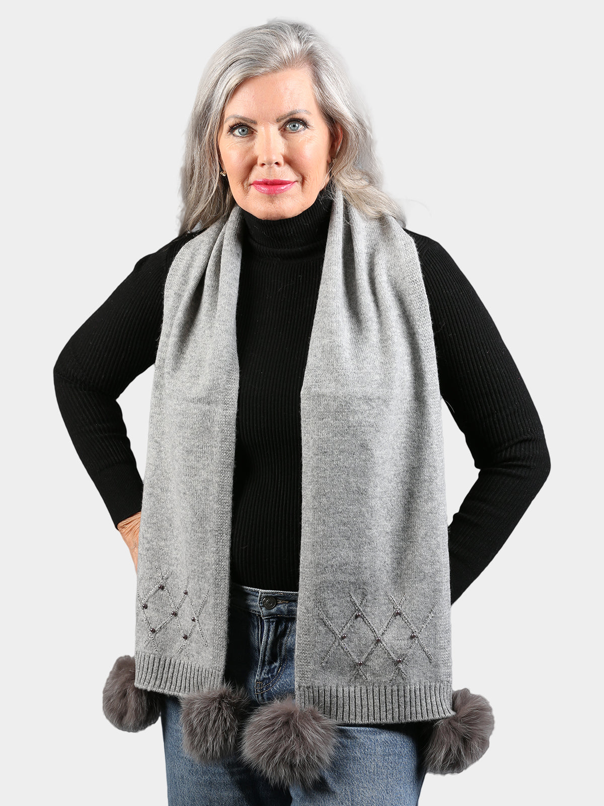 Women's Gray Knit Scarf with Dyed Gray Fox Fur Pom Poms