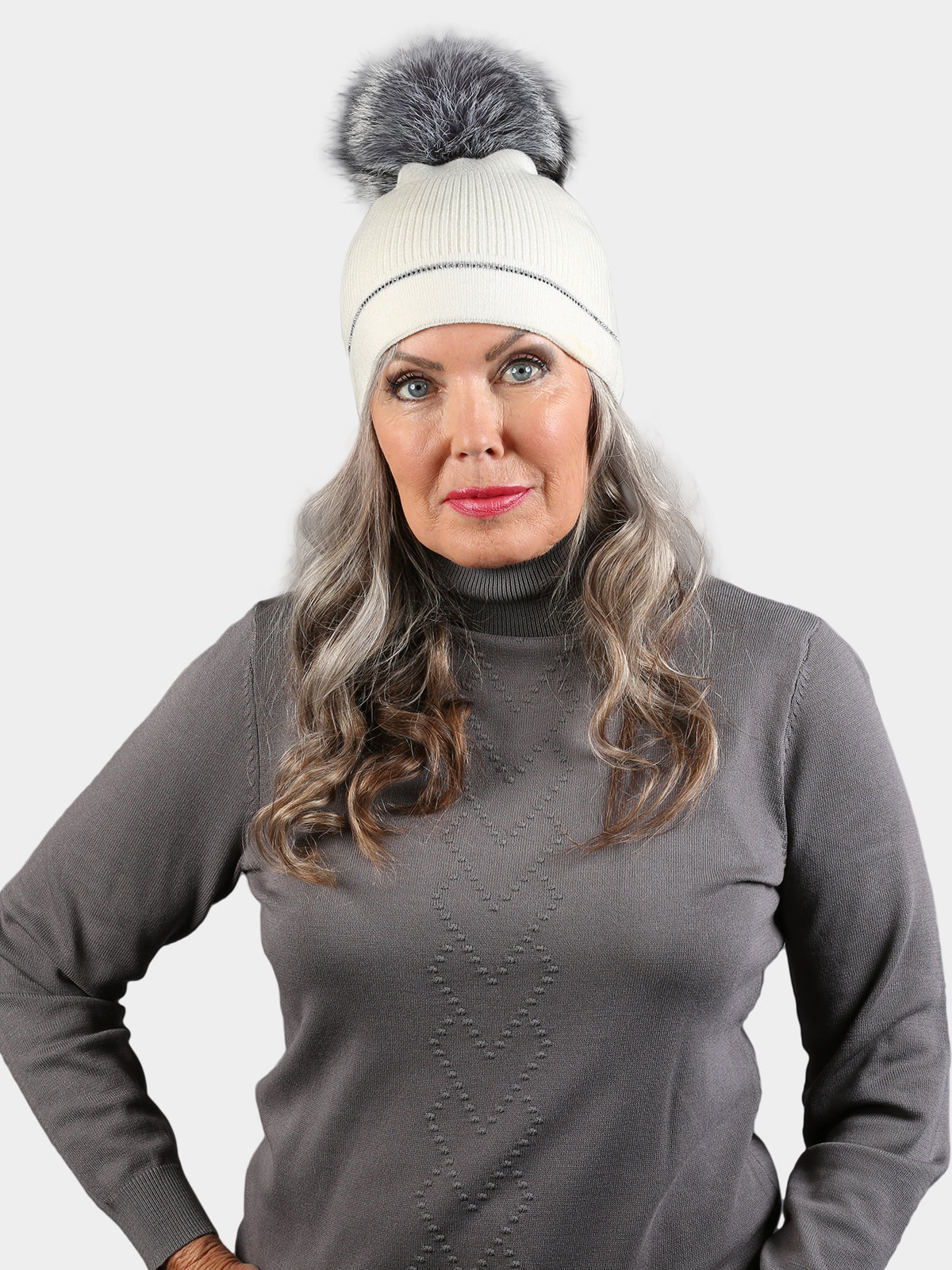 Woman's White Knit Hat with Dyed Gray Fox Pom