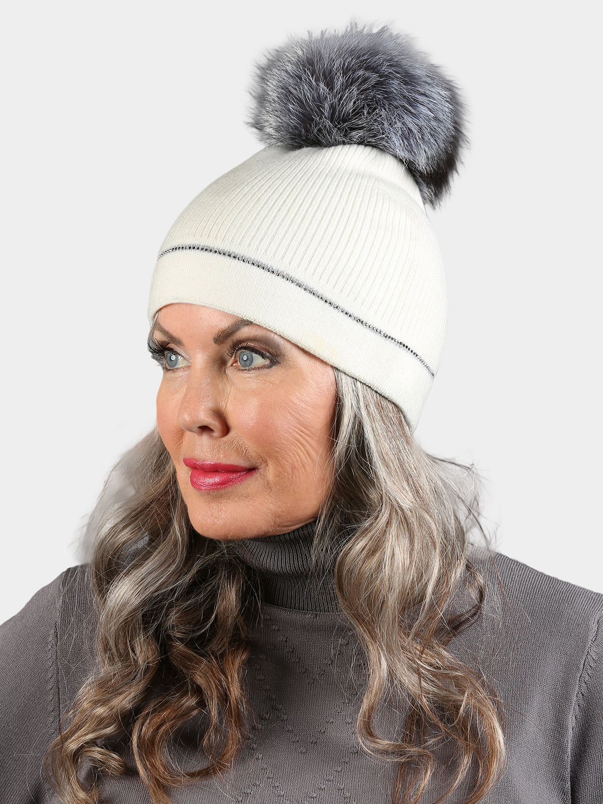 Woman's White Knit Hat with Dyed Gray Fox Pom