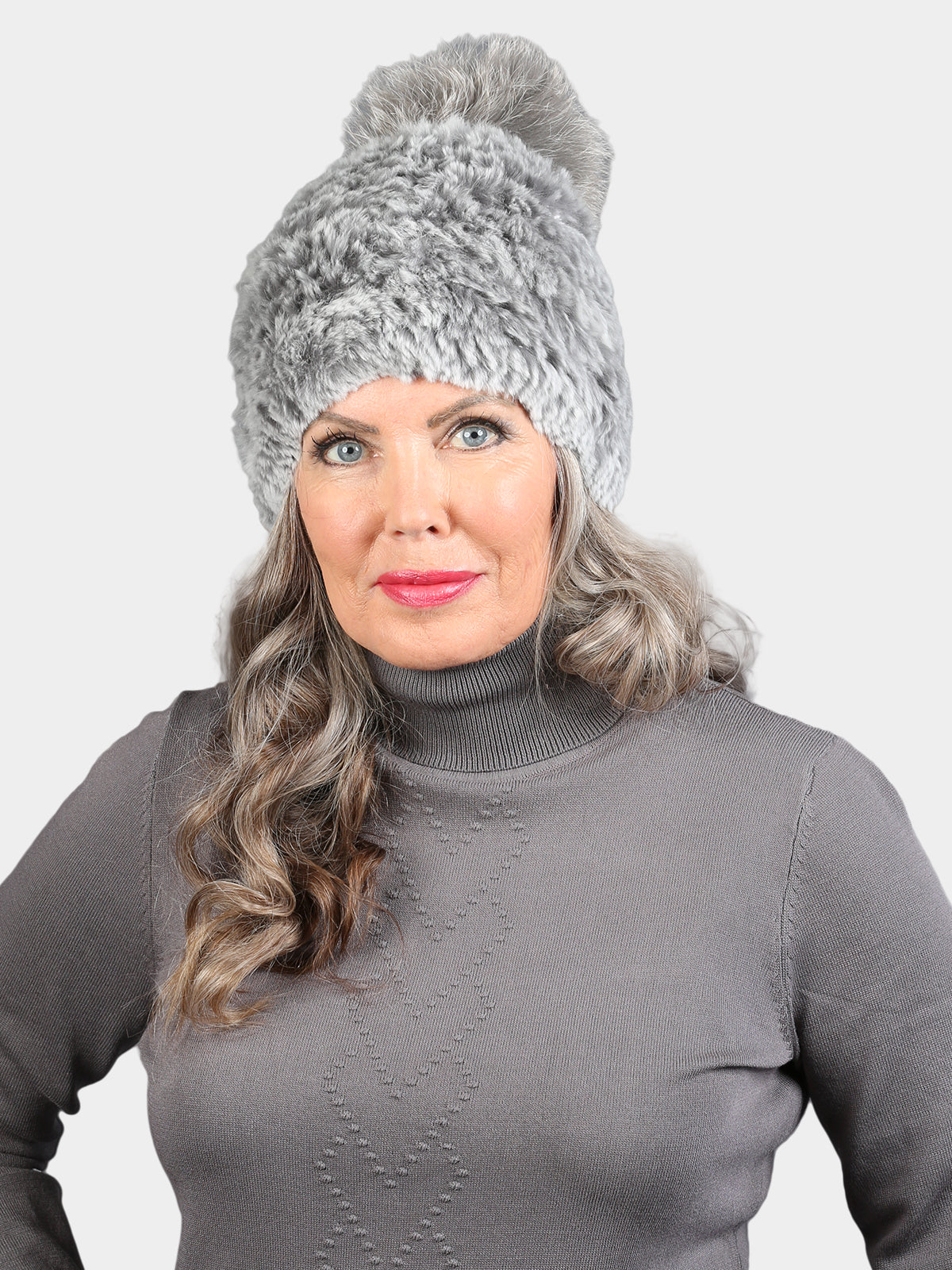Woman's Grey Snowtop Knitted Rex Rabbit Hat with Natural Indigo Fox Pom