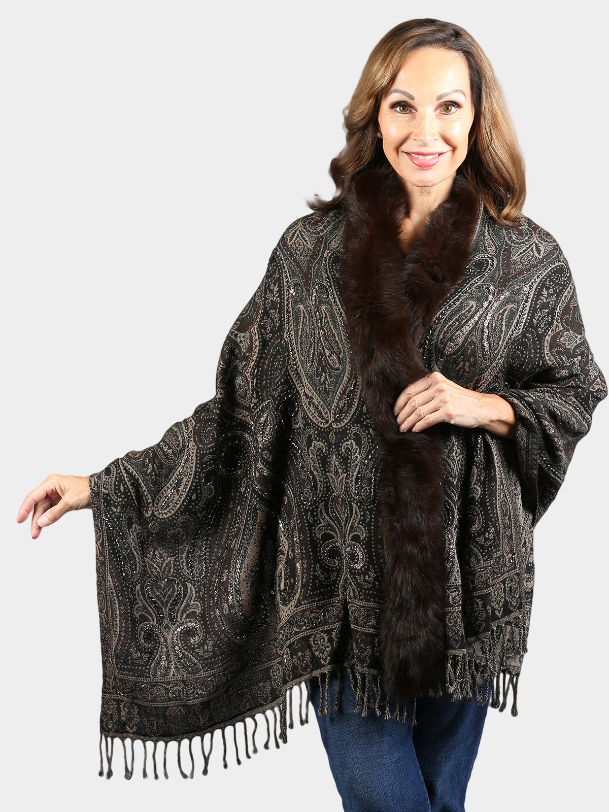 Woman's Brown Woven Wrap with Fox Fur Trim