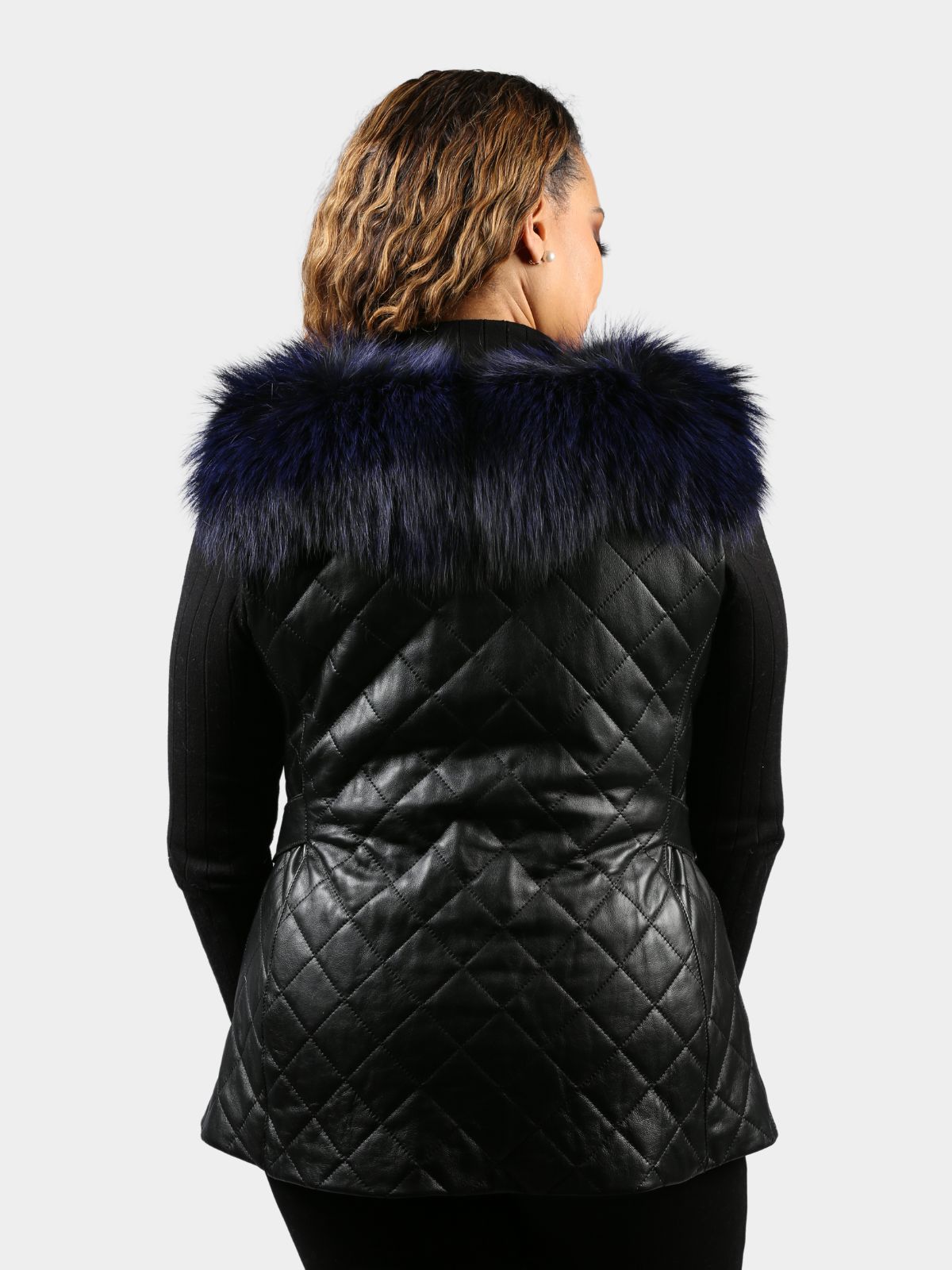 Women's Black Leather Vest with Dyed Electric Blue Silver Fox