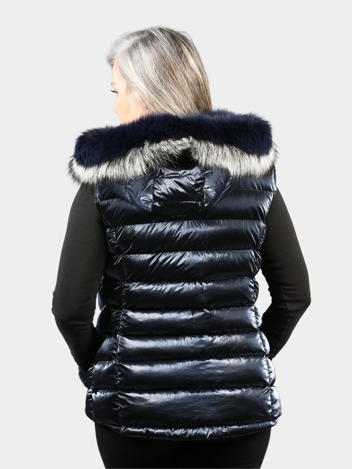 Women's Navy Metallic Fabric Rex Rabbit & Fox Vest