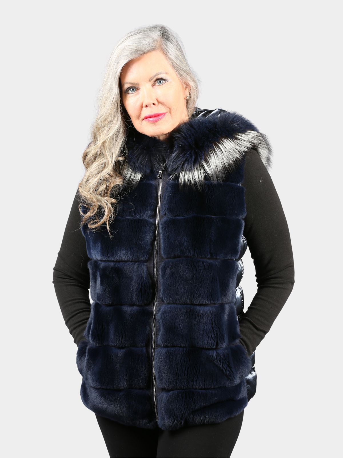 Women's Navy Metallic Fabric Rex Rabbit & Fox Vest