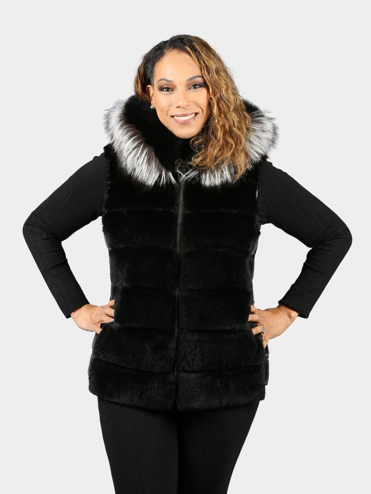 Women's Black Metallic Fabric Rex Rabbit & Fox Vest