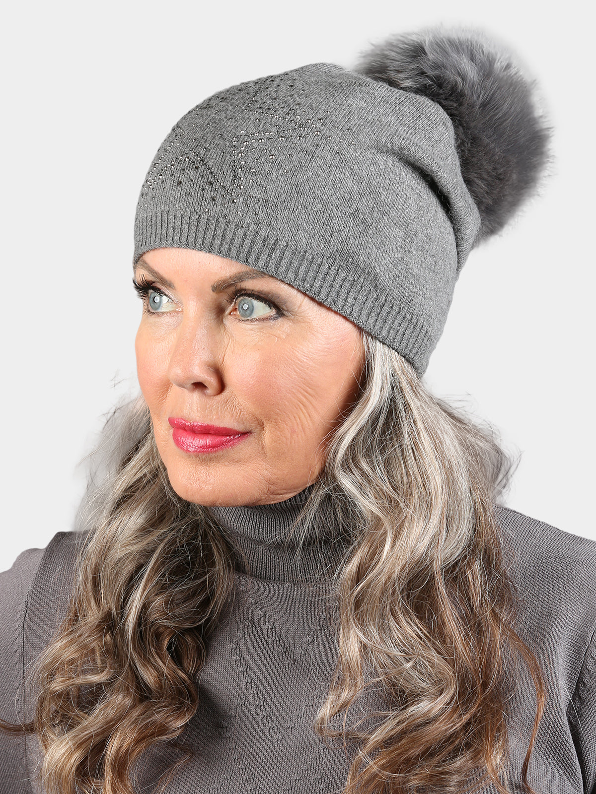 Woman's Charcoal Slouch Knit Hat with Dyed Gray Fox Fur Pom