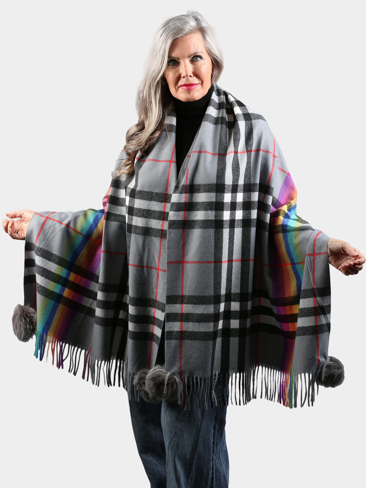 Woman's Grey Plaid Woven Shawl with Dyed Gray Fox Fur Poms
