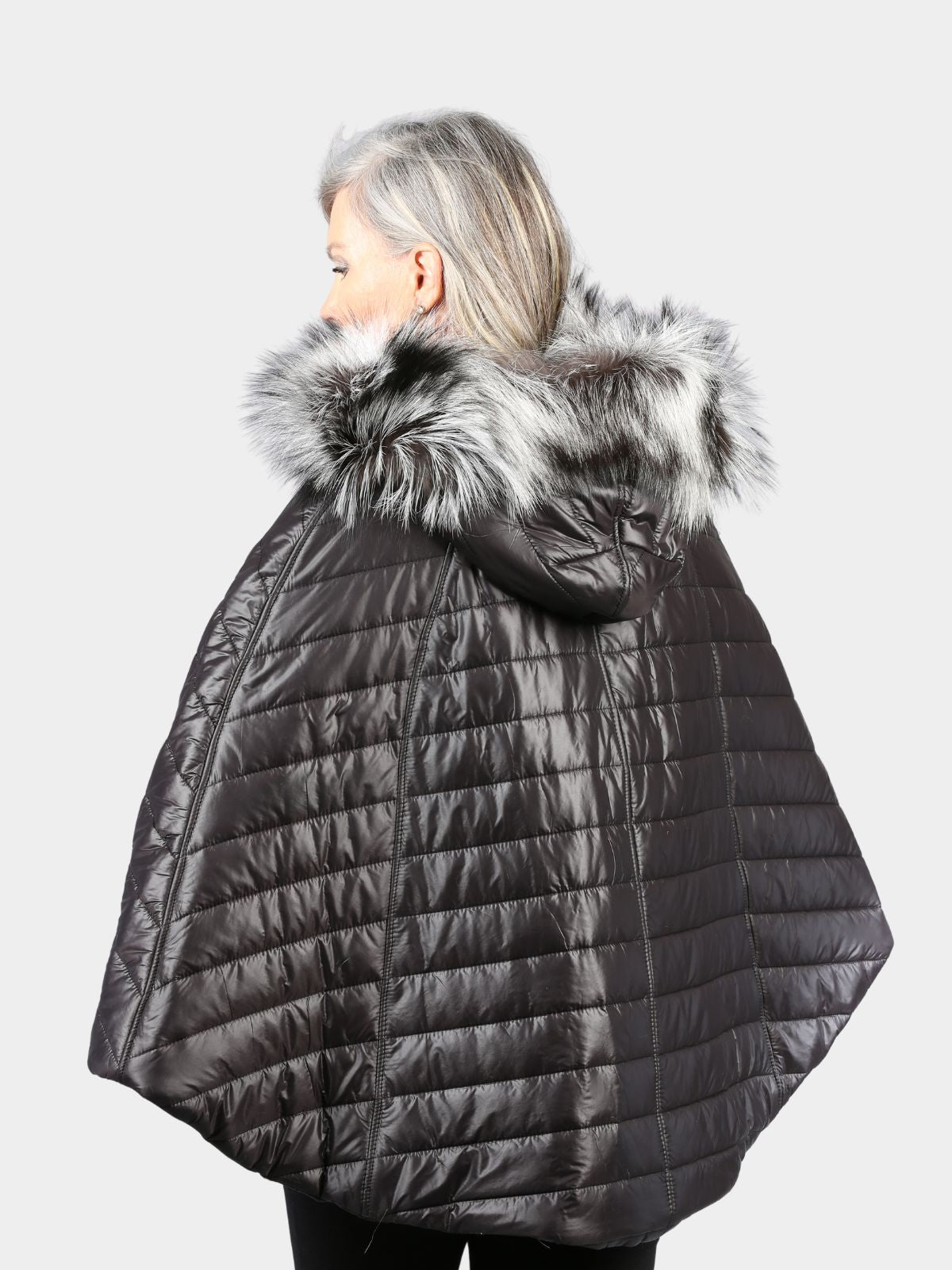 Women's Black Fabric Cape with Silver Fox Trim
