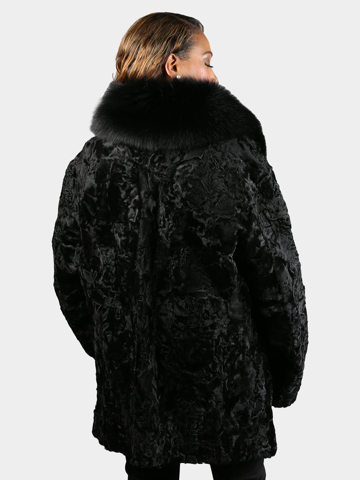 Women's Black Persian Lamb Fur Stroller with Black Fox Collar