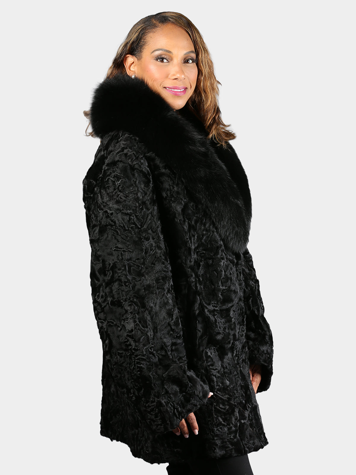 Women's Black Persian Lamb Fur Stroller with Black Fox Collar