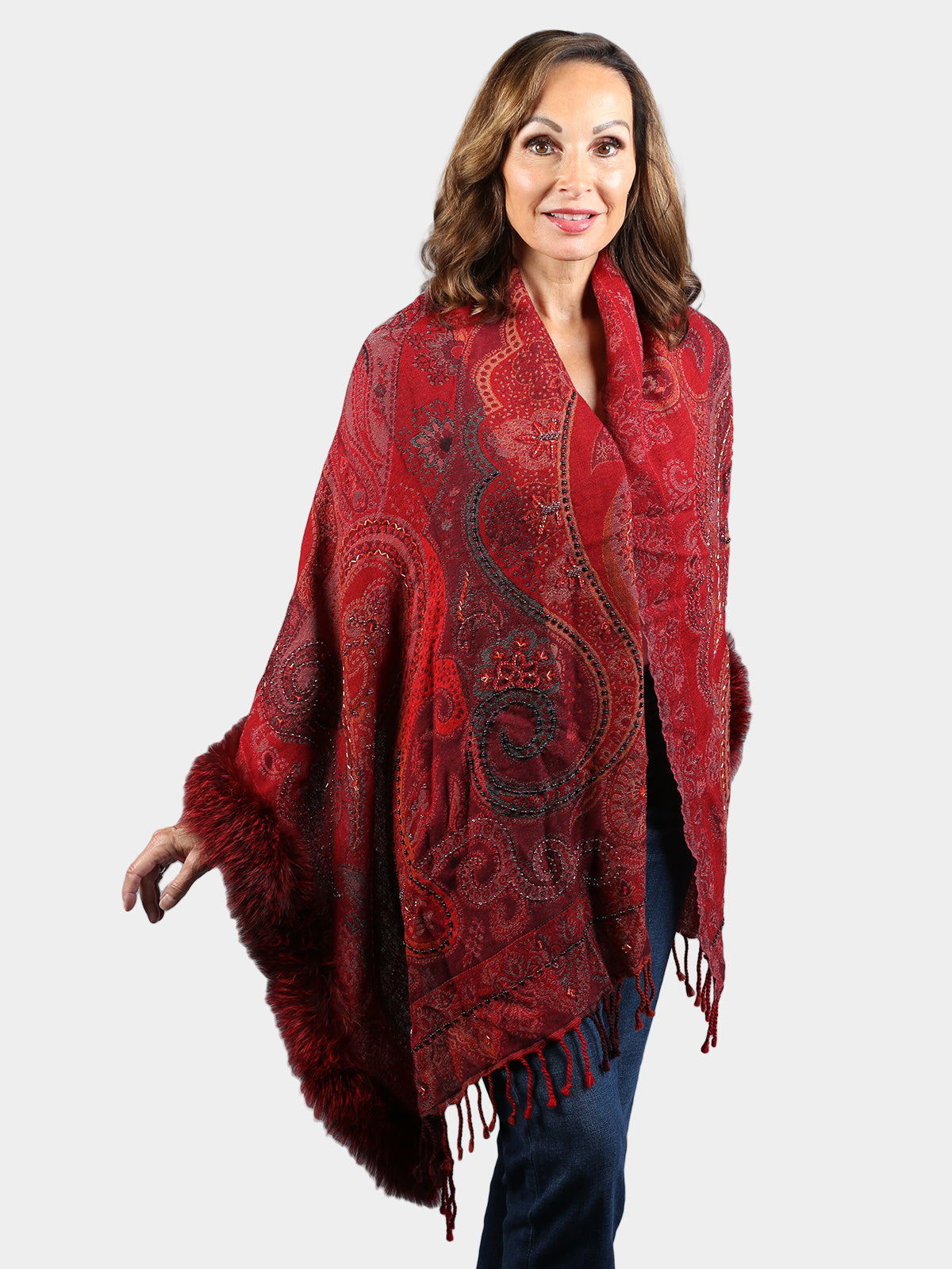 Woman's Red Fabric Shawl with Crystals and Dyed to Match Fox Fur Trim