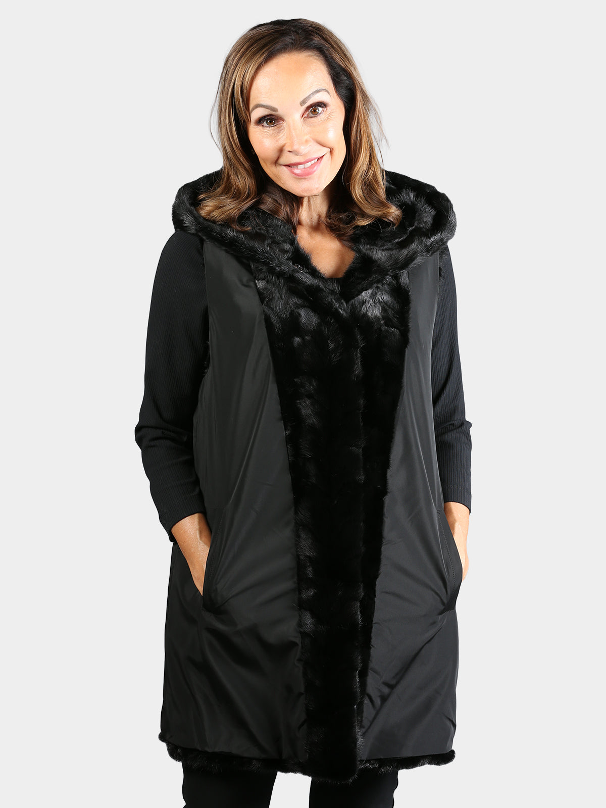 Womens Ranch Mink Section Vest with Hood