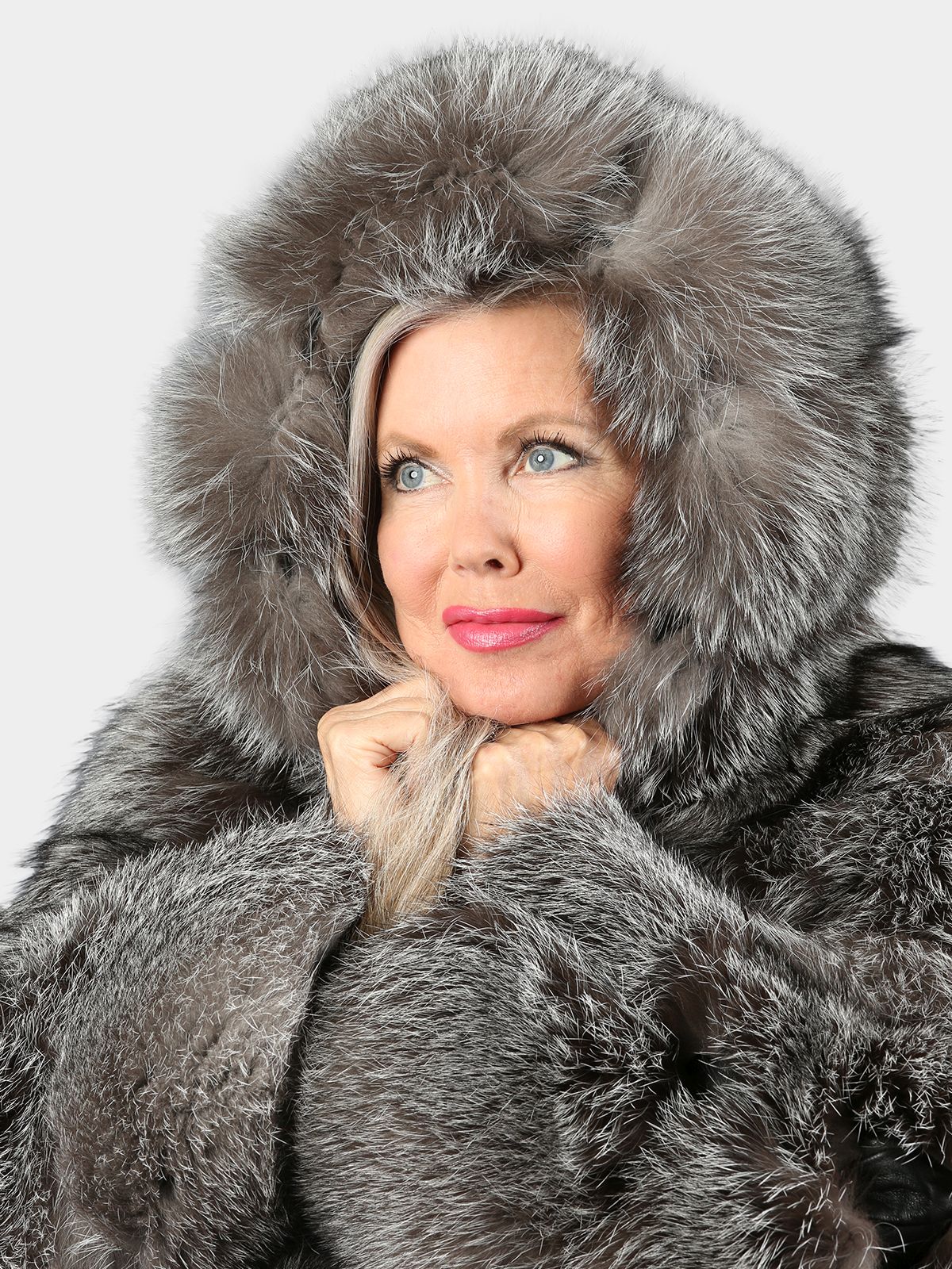 Woman's Natural Indigo Fox Fur Jacket With Hood