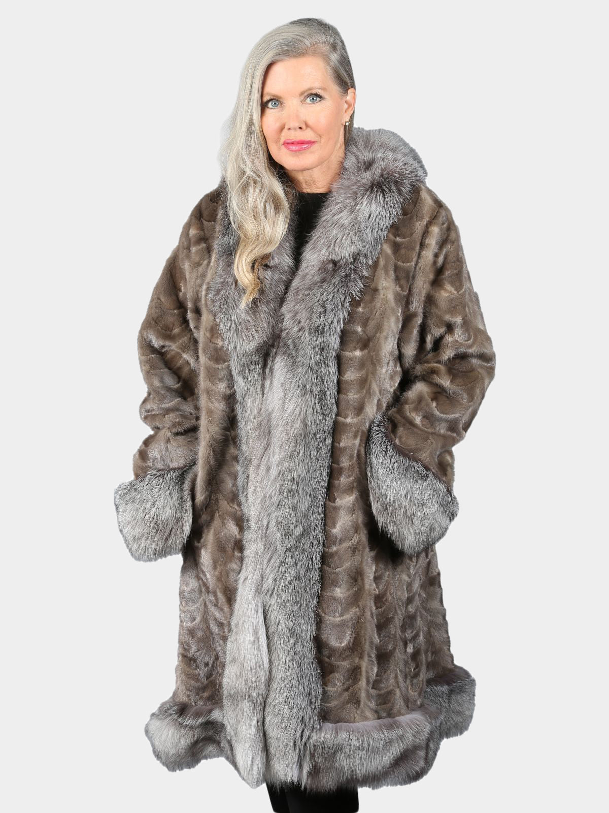Woman's Grey 3/4 Section Mink Fur Coat With Natural Silver Fox Trim