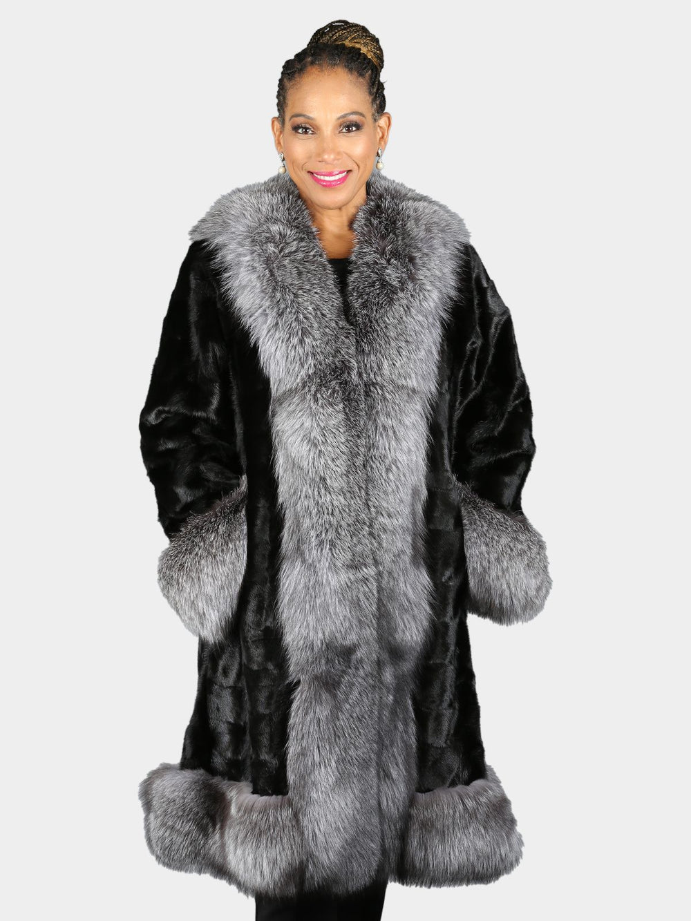 Fox Trim Woman's Black 3/4 Section Mink Fur Coat With Natural Silver Fox Trim