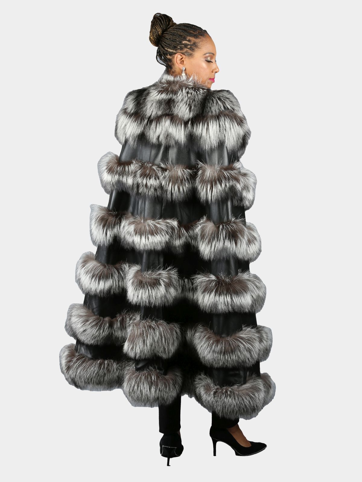 Woman's Black Leather Long Poncho with Natural Silver Fox Fur