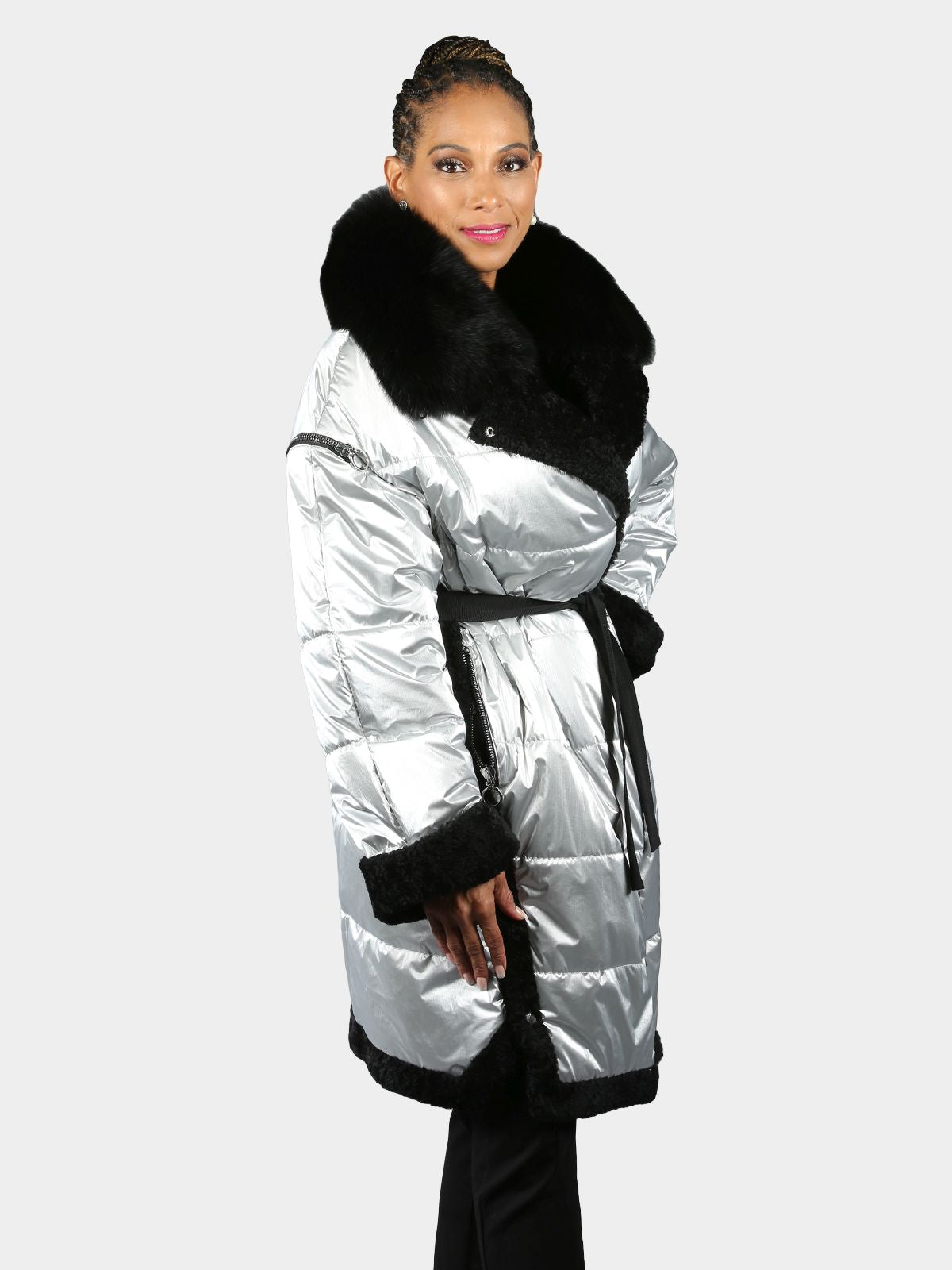 Woman's Silver Fabric Stroller With Black Curly Lamb Fur Collar Cuffs And Trim