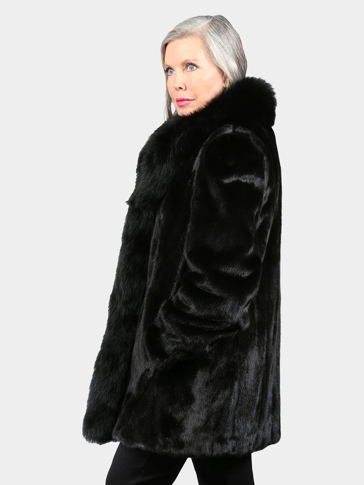 Woman's Black  Female Mink Fur Stroller with Black Fox Tuxedo Front