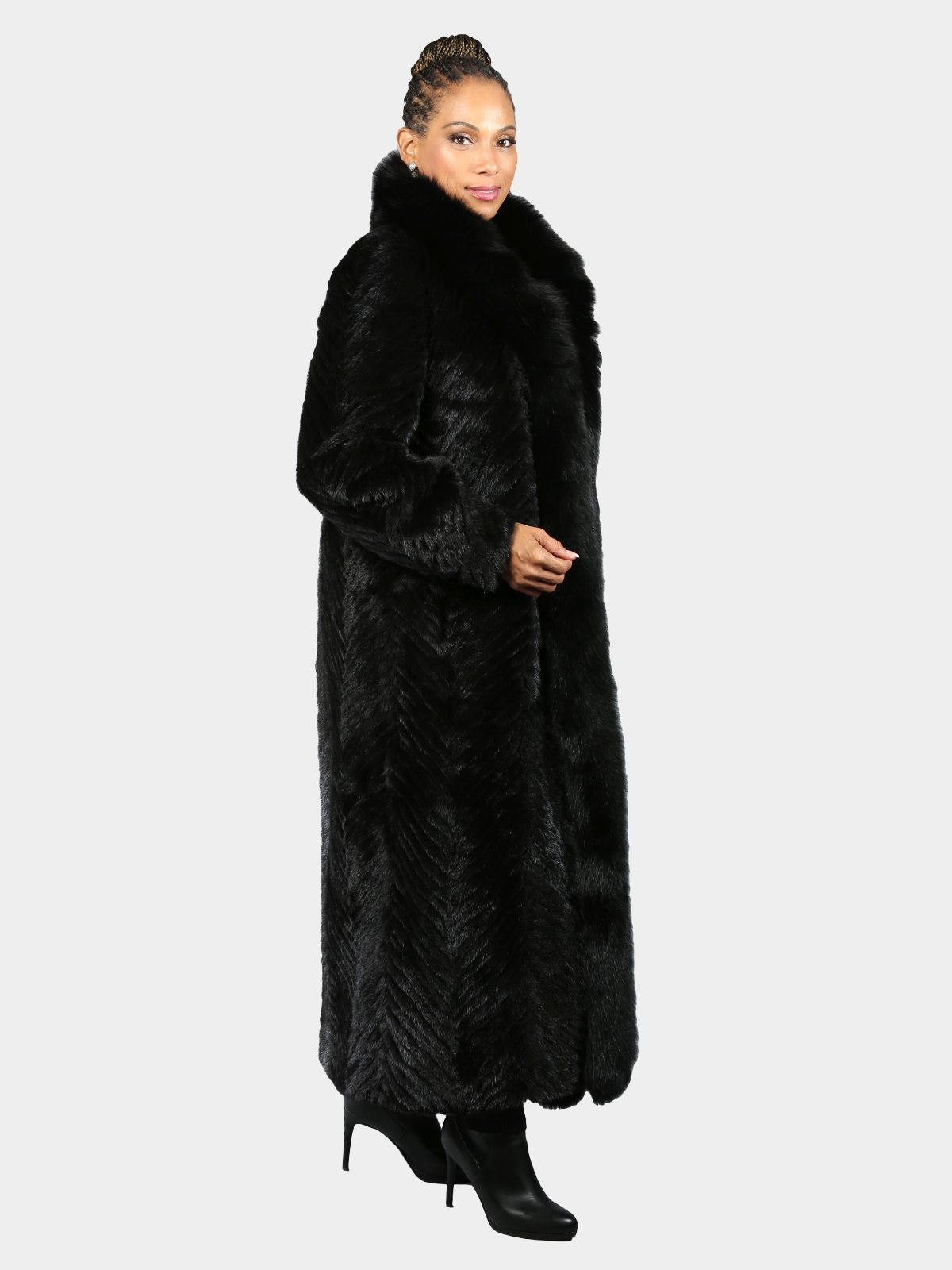 Woman's Black Section Mink Fur Coat with Matching Black Fox Tuxedo Fro