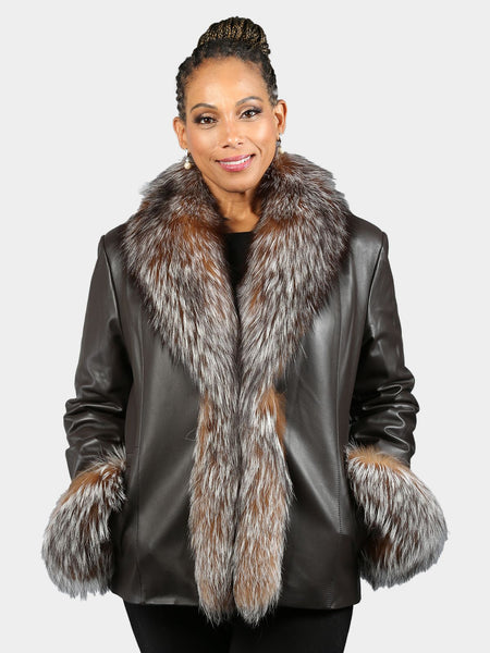 Woman's Brown Nappa Lamb Leather Jacket with Dyed Crystal Fox Cuffs an