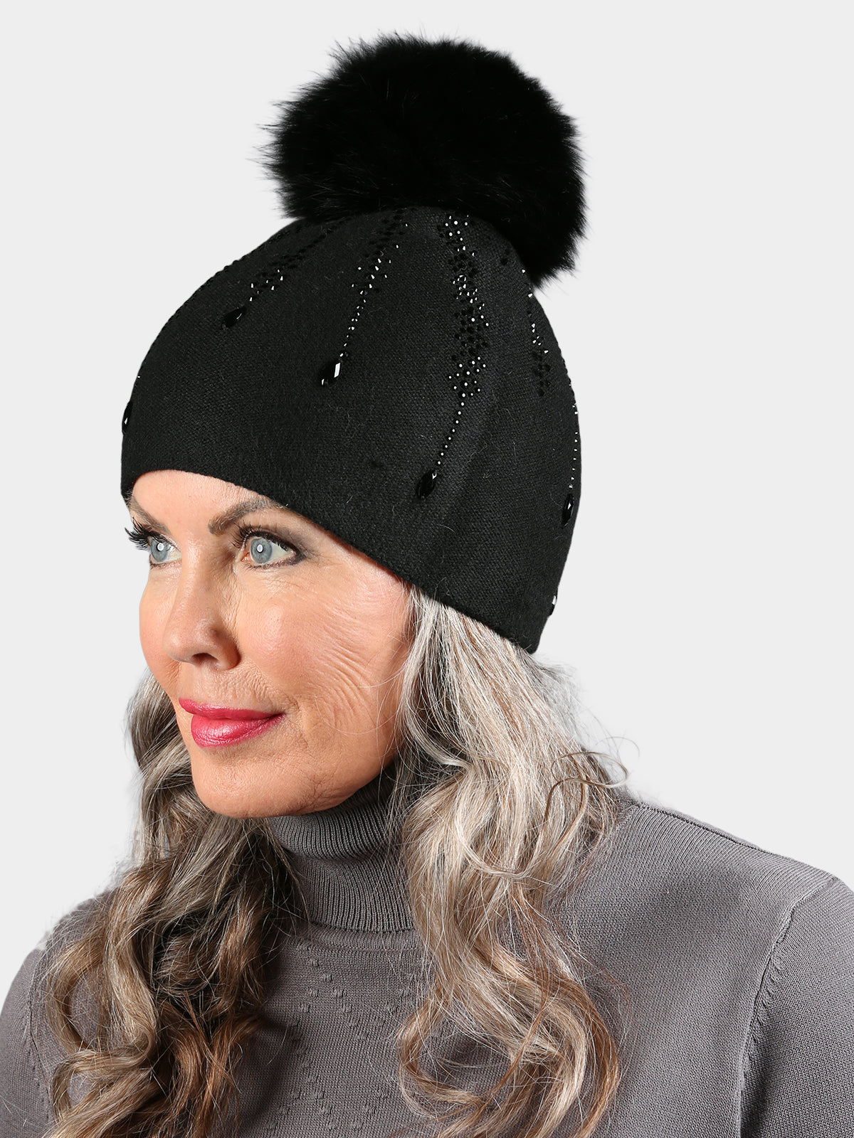 Woman's Black Knit Hat with Black Fox Fur Pom
