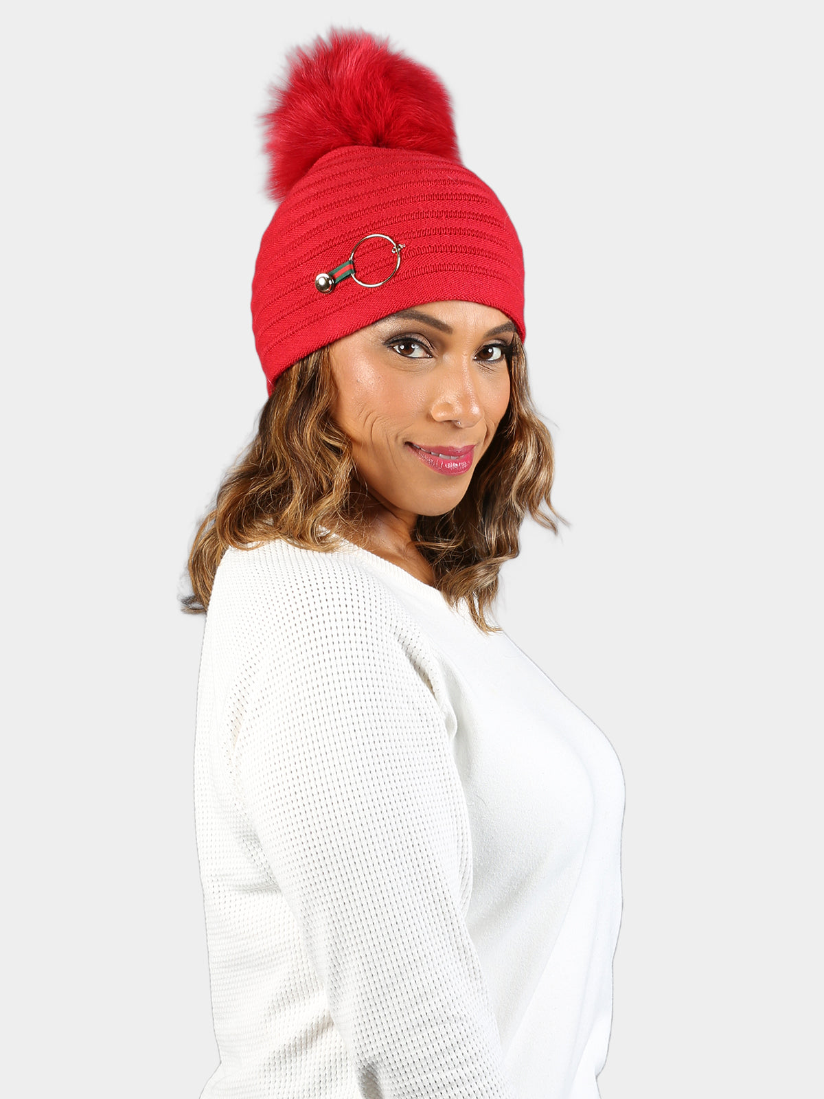 Woman's Red Knit Hat with Dyed Red Fox Fur Pom