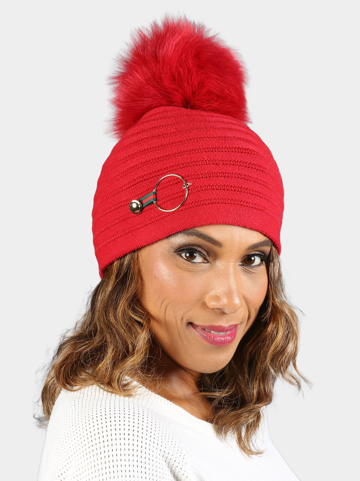 Woman's Red Knit Hat with Dyed Red Fox Fur Pom