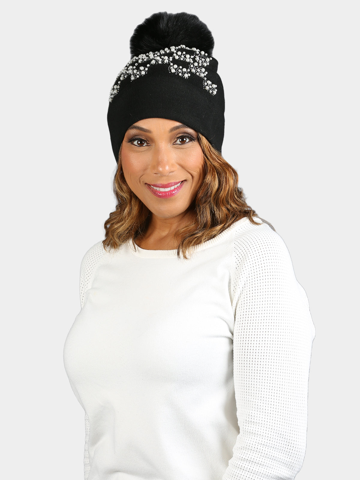 Woman's Black Knit Hat with Dyed Black Fox Fur Pom