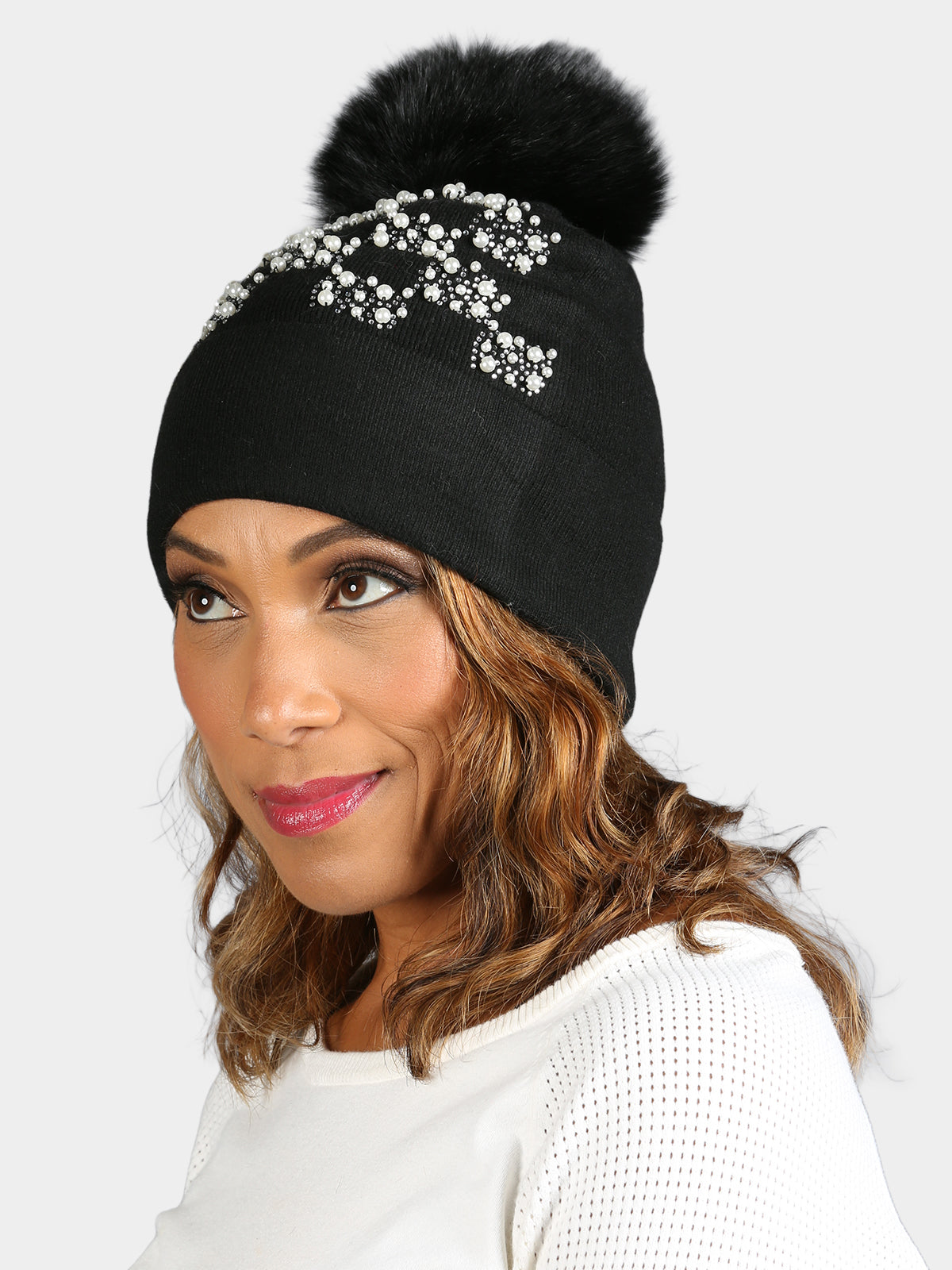 Woman's Black Knit Hat with Dyed Black Fox Fur Pom