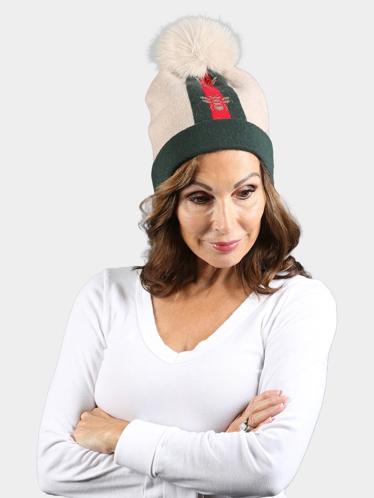 Woman's Beige & Green Knit Hat with White Fox Fur Pom