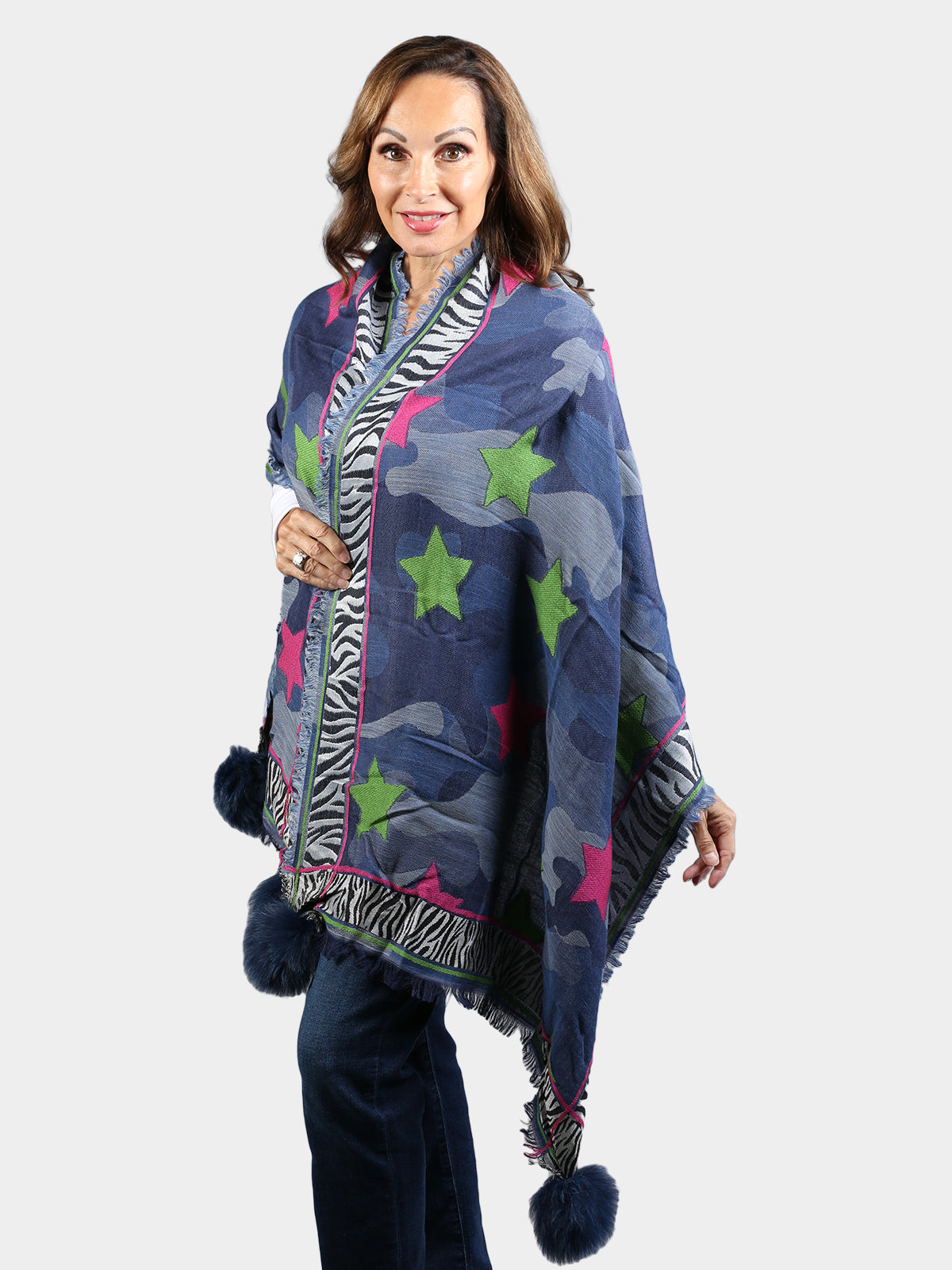 Woman's Blue Mix Camo Woven Scarf with Blue Dyed Fox Fur Poms